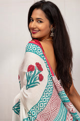 White Handcrafted Cotton Saree with Floral Prints