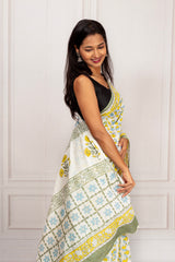 Sunlit Charm – Yellow & Blue Handcrafted Cotton Saree