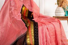 Red Checkered Chanderi Silk Cotton Saree with Black Lace Border