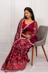 Wine Rose Royale – Embroidered Organza Saree