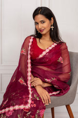 Wine Rose Royale – Embroidered Organza Saree