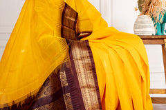 Golden Yellow Silk Cotton Saree with Deep Maroon Zari Border
