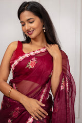 Wine Rose Royale – Embroidered Organza Saree