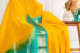 Bright Yellow Silk Cotton Saree with Emerald Green Zari Border