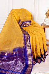 Mustard Yellow Silk Cotton Saree with Royal Blue Zari Border