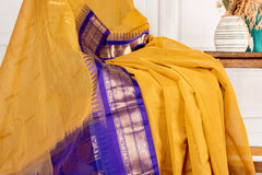 Mustard Yellow Silk Cotton Saree with Royal Blue Zari Border