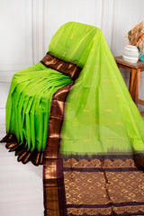 Fresh Lime Green Chanderi Silk Cotton Saree with Rich Coffee Brown Zari Border