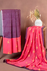 Plum Chanderi Cotton Unstitched Salwar Set with Pink Floral Dupatta