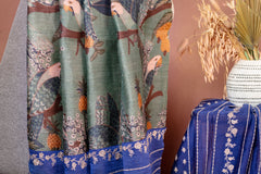 Olive Green Printed Unstitched Salwar Set with Royal Blue Chanderi Dupatta