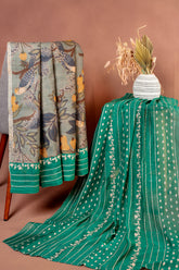 Blue Tussar Silk Unstitched Salwar Suit with Emerald Green Embroidered Dupatta