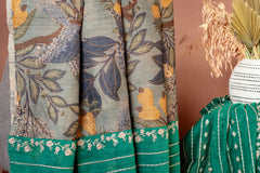 Blue Tussar Silk Unstitched Salwar Suit with Emerald Green Embroidered Dupatta