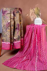 Beige Gold Tussar Silk Unstitched Salwar Suit with Rani Pink Embroidered Dupatta