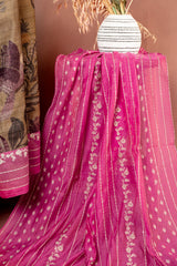 Beige Gold Tussar Silk Unstitched Salwar Suit with Rani Pink Embroidered Dupatta