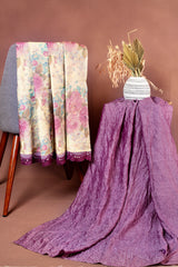 Cream Floral Print Unstitched Salwar Suit with Crushed Purple Dupatta