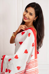 White & Red Handloom Cotton Saree with Heart Motif Print