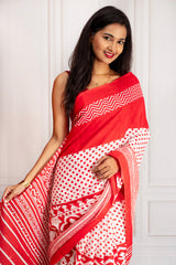 Red & White Handcrafted Cotton Saree with Artistic Prints