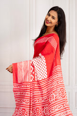 Red & White Handcrafted Cotton Saree with Artistic Prints