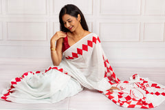 Graceful White & Red Cotton Saree – Effortless Elegance in Every Drape