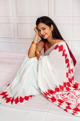 Graceful White & Red Cotton Saree – Effortless Elegance in Every Drape