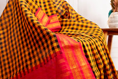 Mustard Checkered Silk Cotton Saree with Vibrant Pink Zari Border
