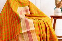 Vibrant Orange & Green Checked Silk Cotton Saree with Elegant Gold Zari Border
