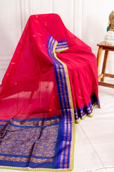 Elegant Red Silk Cotton Saree with Royal Blue Cotton Border & Dye Lace Detailing
