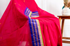 Elegant Red Silk Cotton Saree with Royal Blue Cotton Border & Dye Lace Detailing