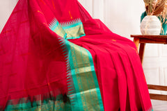 Red Silk Cotton Saree with Gold Green Zari Border & Elegant Contrast