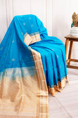 Aqua Blue Silk Cotton Saree with Classic Gold Zari Border