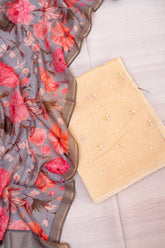 Cream & Grey Floral Chanderi Embroidery Suit Set