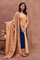 Peach & Teal Floral Cotton Anarkali Set
