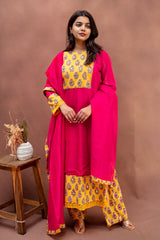 Magenta & Mustard Pure Chanderi Embroidered Suit Set