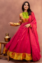 Earthy Rosewood & Lime Pure Chanderi Anarkali Set