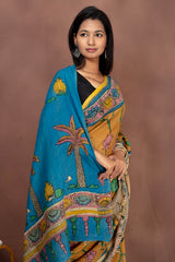 Handcrafted Kalamkari Art Saree in Mustard & Blue