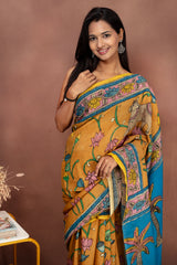 Handcrafted Kalamkari Art Saree in Mustard & Blue