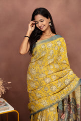 Handmade Kalamkari Saree – Floral Heritage in Mustard Yellow