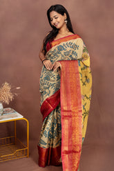 Handmade Kalamkari Saree – Heritage Floral with Contrast Red Border