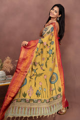 Handmade Kalamkari Saree – Heritage Floral with Contrast Red Border