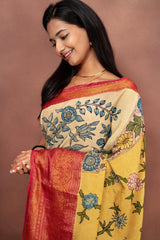 Handmade Kalamkari Saree – Heritage Floral with Contrast Red Border