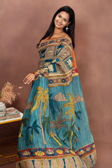 Handmade Kalamkari Saree – Temple Tale in Teal & Sand Beige