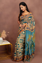 Handmade Kalamkari Saree – Temple Tale in Teal & Sand Beige