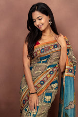 Handmade Kalamkari Saree – Temple Tale in Teal & Sand Beige