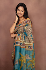 Handmade Kalamkari Saree – Temple Tale in Teal & Sand Beige