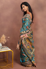 Handmade Kalamkari Saree – Teal Storytelling Art with Pastel Pallu