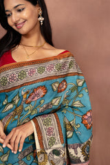 Handmade Kalamkari Saree – Teal Storytelling Art with Pastel Pallu