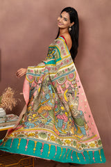 Heritage Kalamkari Saree in Teal & Peach