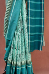 Seafoam & Teal Hand-Block Cotton Saree