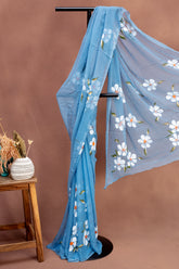 Cornflower Blue Hand-Block Georgette Saree