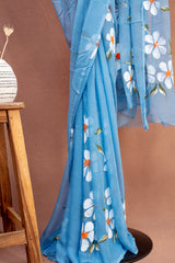 Cornflower Blue Hand-Block Georgette Saree