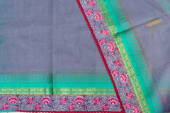 Storm Grey & Emerald Silk-Cotton Saree with Lace Accents